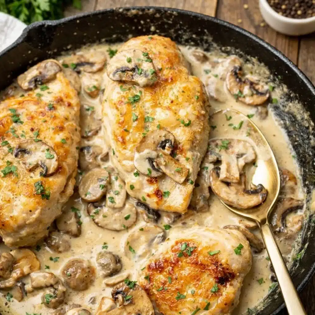 Creamy mushroom chicken in skillet