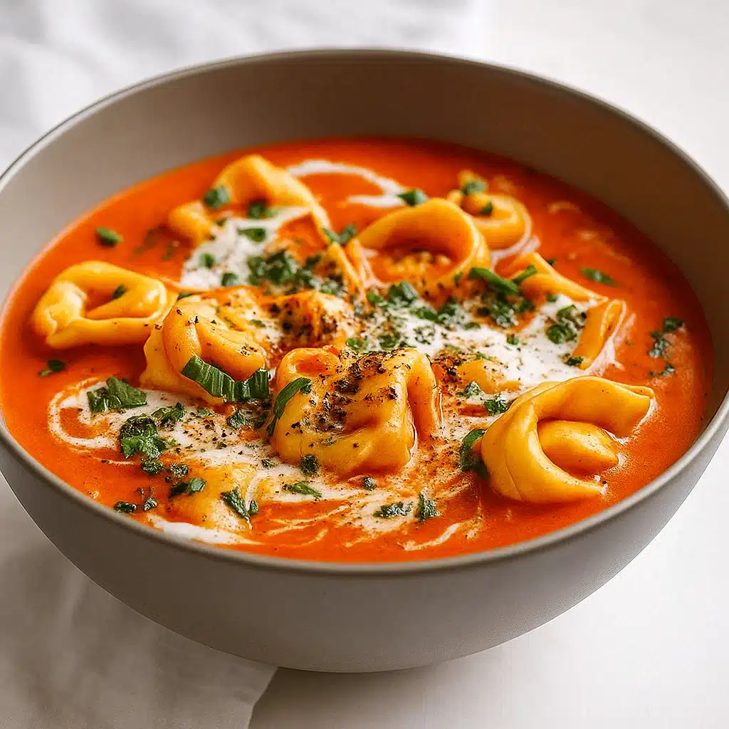 creamy tomato tortellini soup in bowl with basil and Parmesan