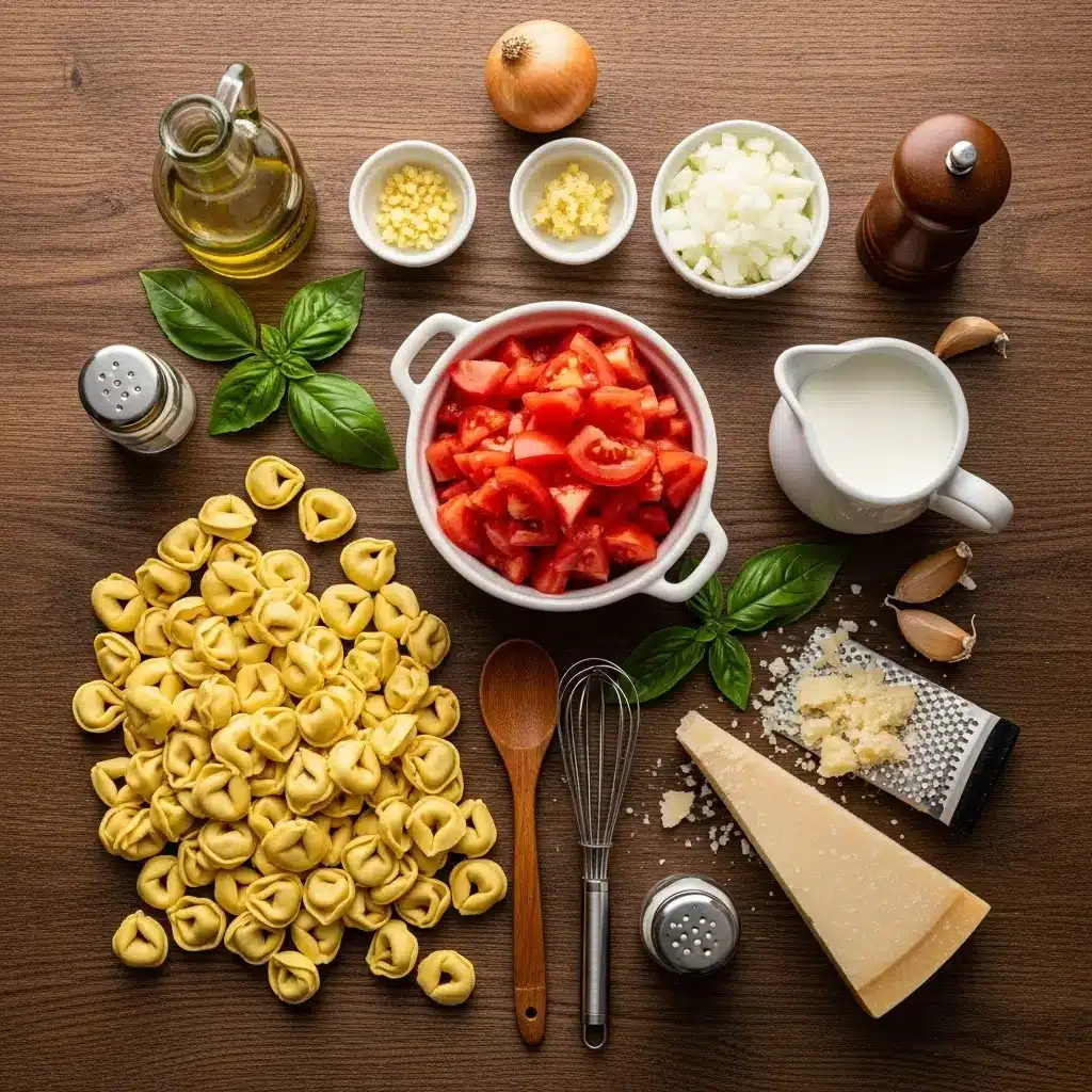 ingredients for creamy tomato tortellini soup on wooden board