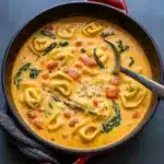 Creamy Tuscan Garlic Tortellini Soup in a cozy kitchen
