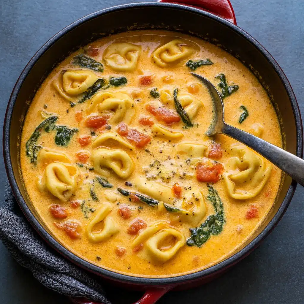 Creamy Tuscan Garlic Tortellini Soup in a cozy kitchen