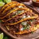 Crock Pot Birria Tacos on a rustic Mexican table