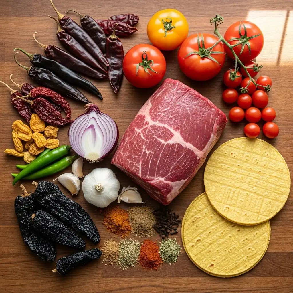 Crock Pot Birria Tacos ingredients flat lay