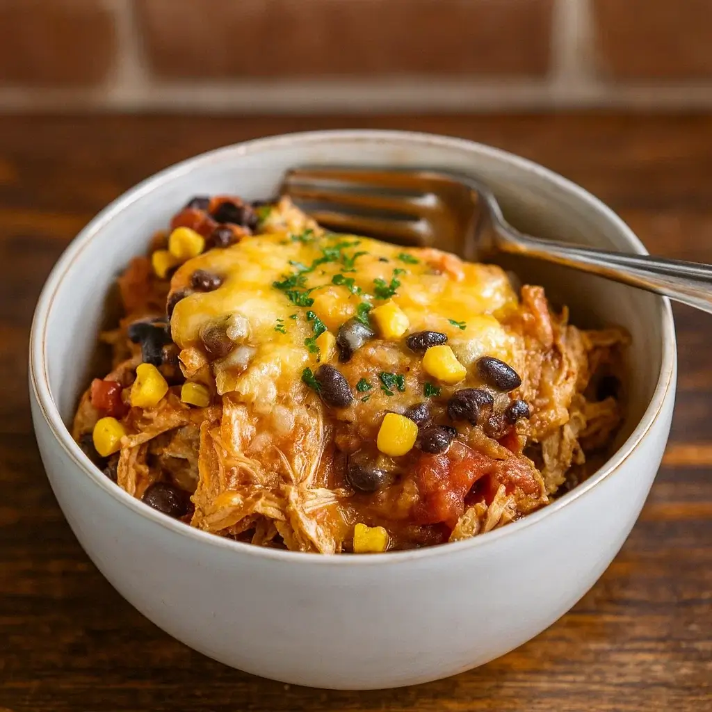 Crockpot Chicken Enchiladas Casserole with melted cheese