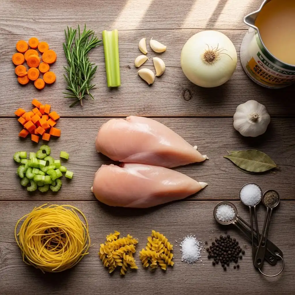 Ingredients for Crockpot Chicken Noodle Soup on a wooden table