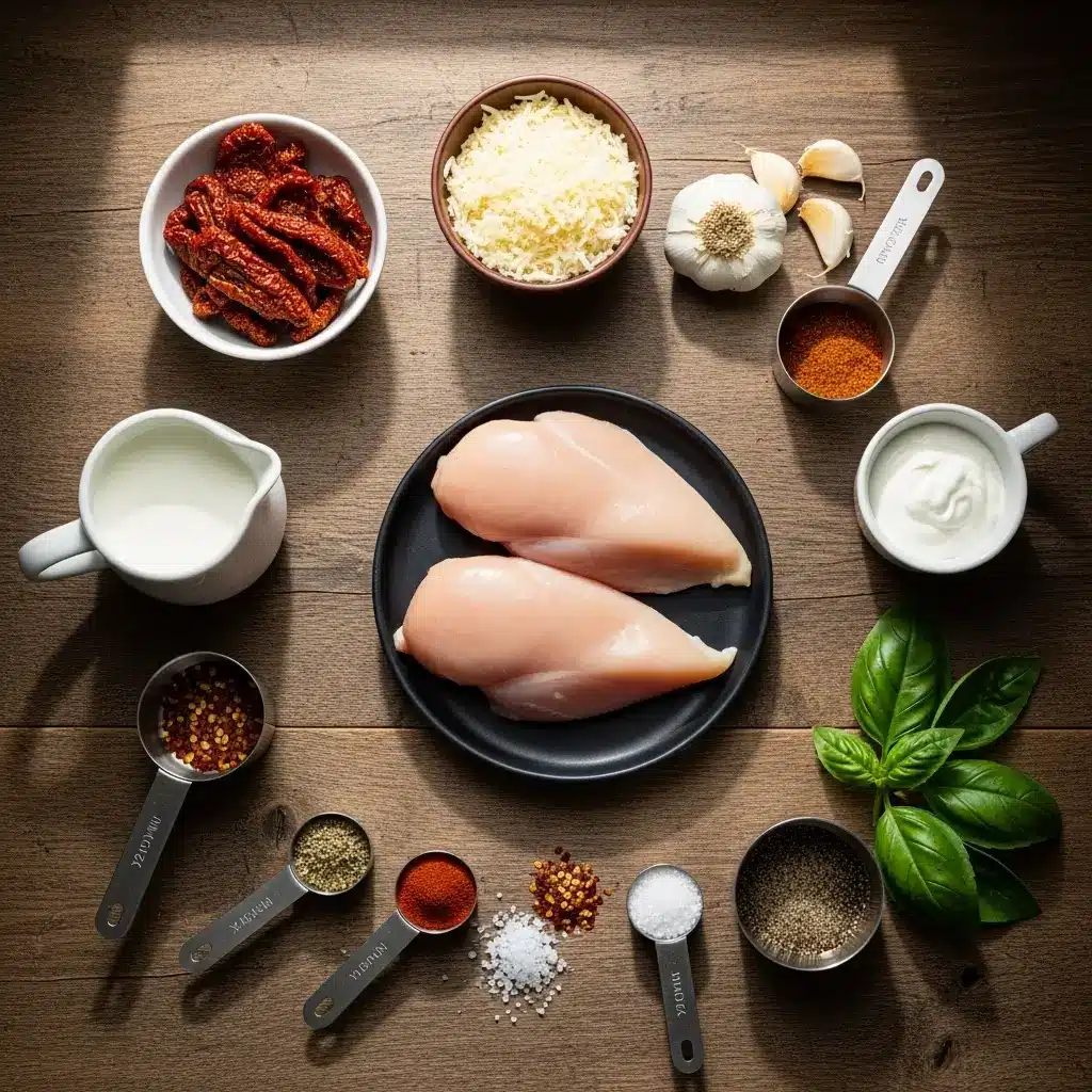 Ingredients for Crockpot Marry Me Chicken laid out on a wooden counter