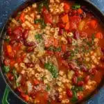 Easy minestrone soup in bowl with vegetables and pasta