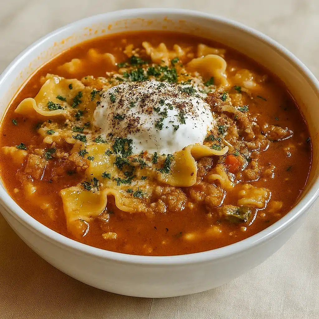 Easy One-Pot Lasagna Soup served in a white bowl with melted cheese