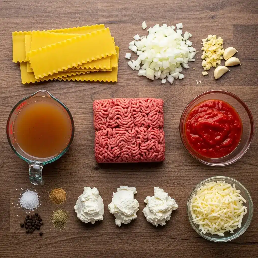 Ingredients for Easy One-Pot Lasagna Soup laid out on a wooden surface