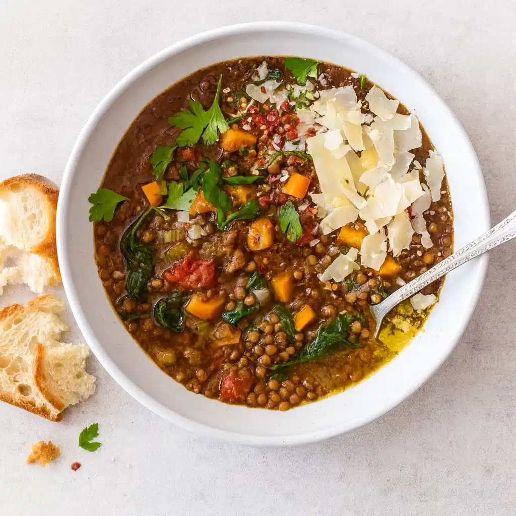 easy slow cooker lentil soup in rustic bowl