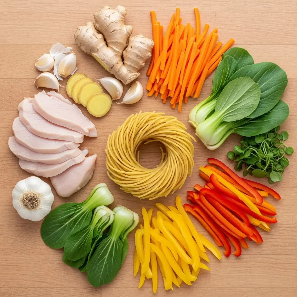 Ginger Garlic Chicken Noodle Soup Ingredients Flat Lay