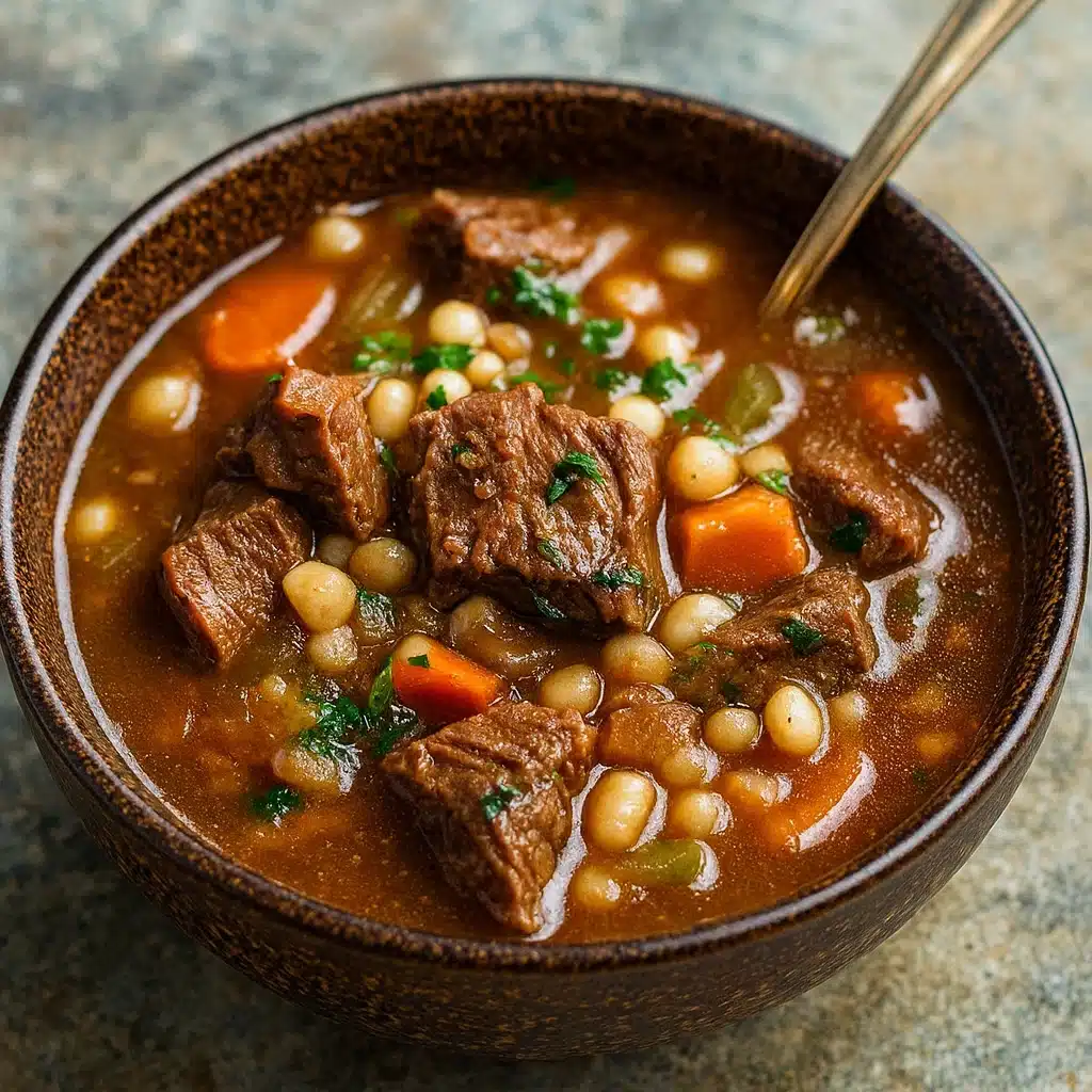 Gordon Ramsay Beef Barley Soup in a pot with bread