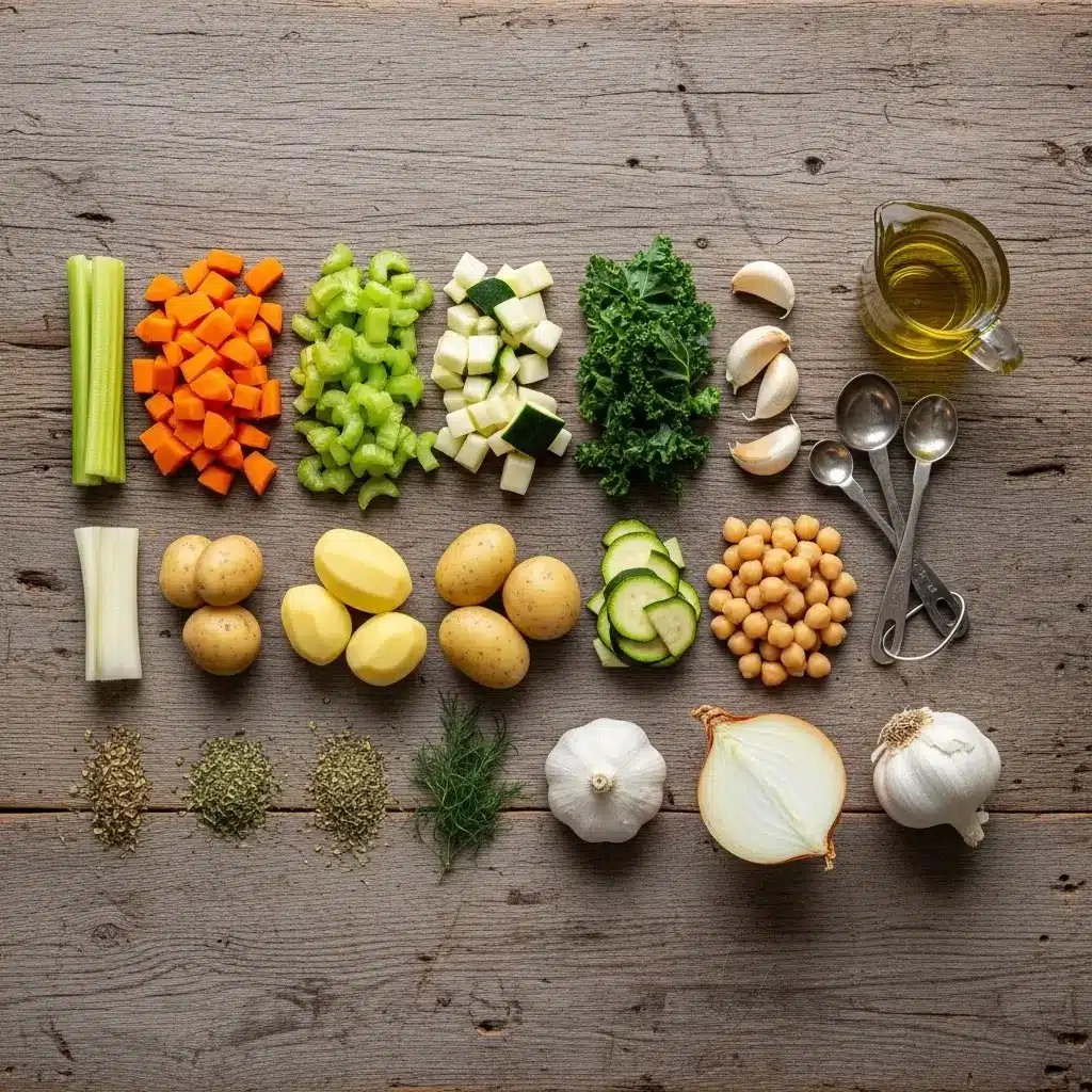 Greek Healing Soup ingredients laid out on kitchen counter