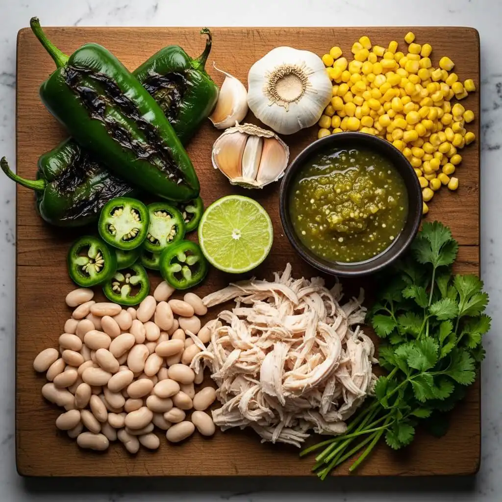 green chicken chili ingredients flat lay