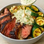 Grilled Steak Bowl with Sauce and Grilled Zucchini