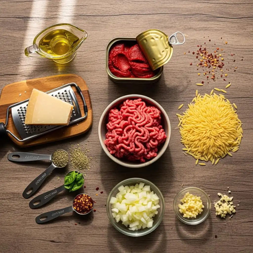 Ground beef orzo recipe ingredients flat lay