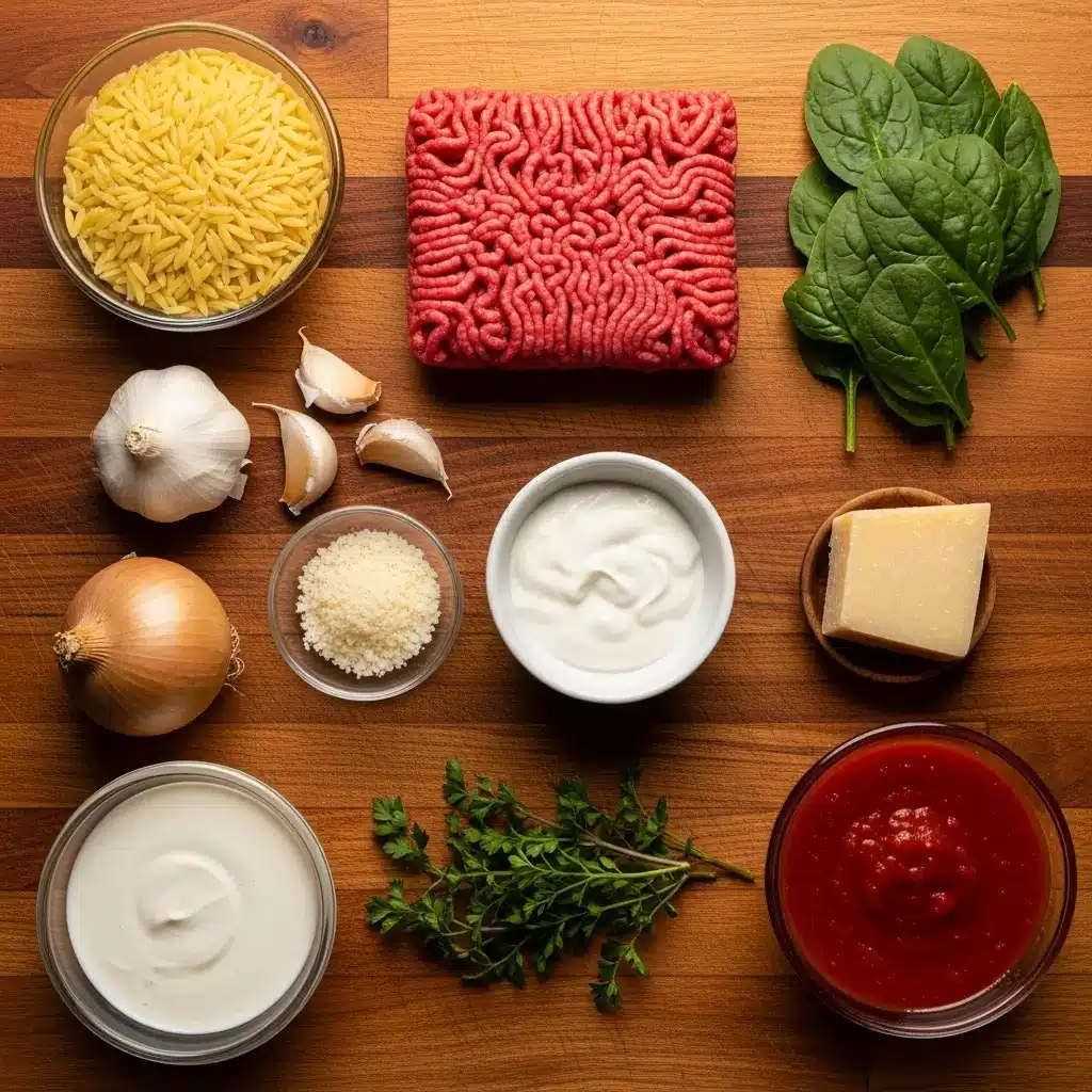 Ingredients for ground beef orzo laid out on a wooden board
