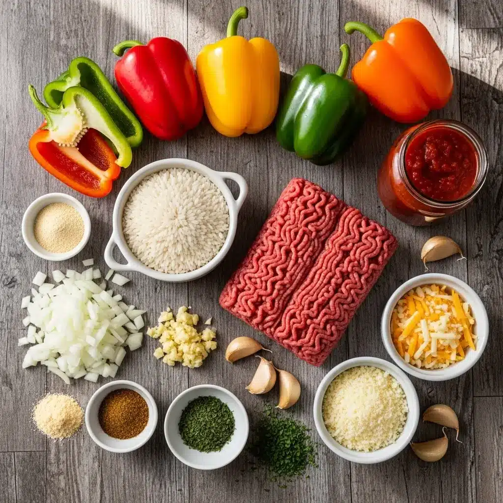 Ingredients for making ground beef stuffed peppers