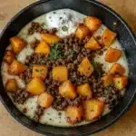 Ground Beef and Sweet Potatoes Skillet in cast iron pan