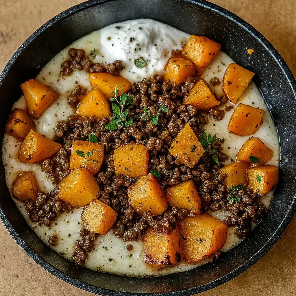 Ground Beef and Sweet Potatoes Skillet in cast iron pan