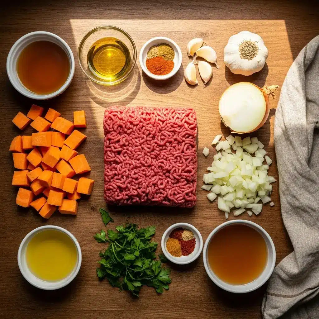 Ingredients for Ground Beef and Sweet Potatoes Skillet laid out