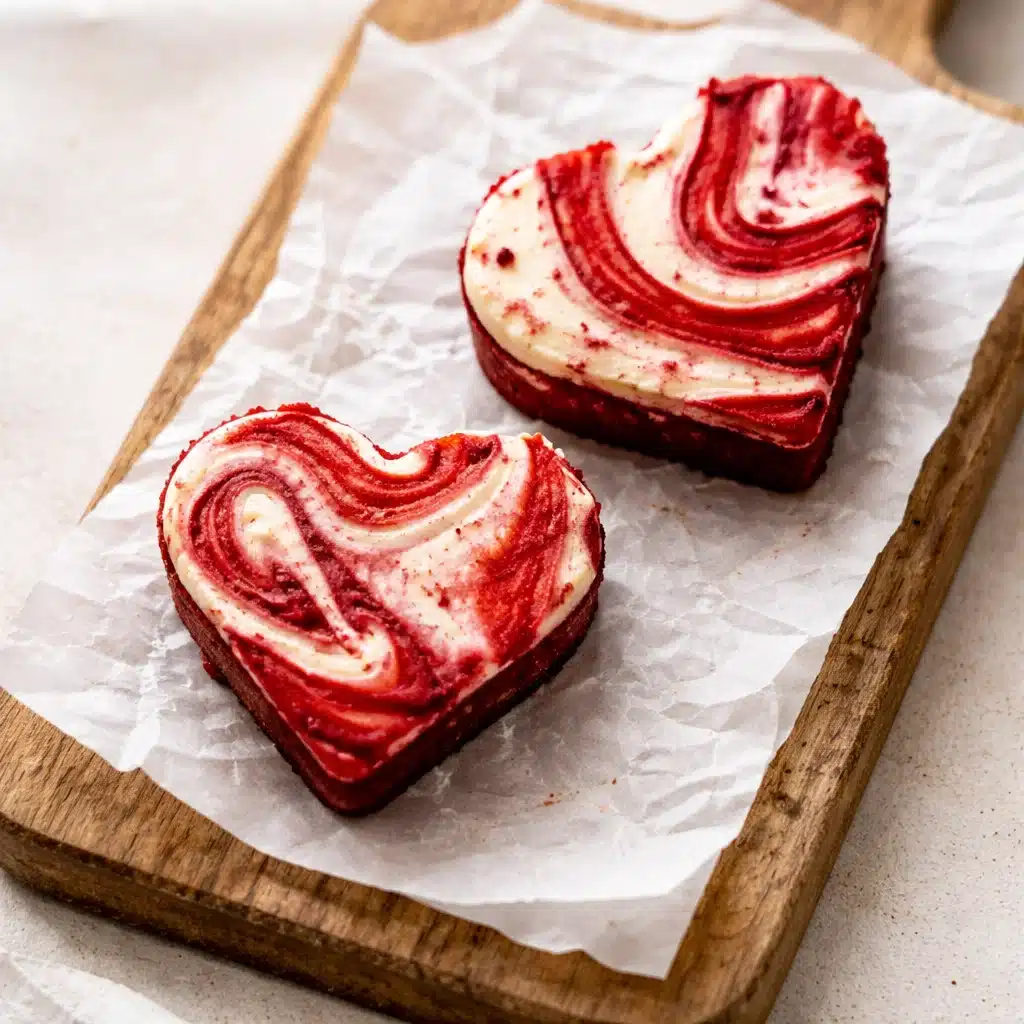 Heart-shaped red velvet cheesecake with cream cheese swirl
