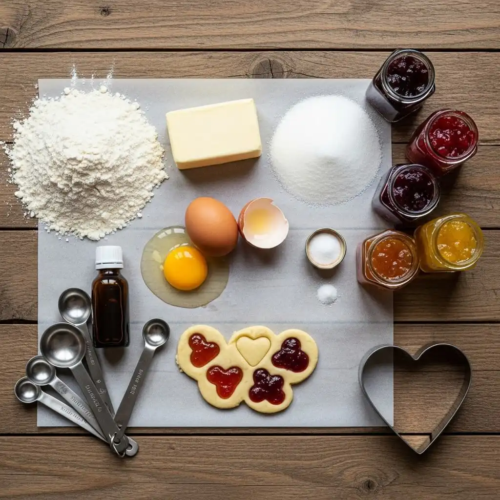Ingredients for Heart-Shaped Thumbprint Cookies