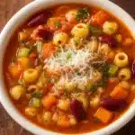 hearty italian pasta fagioli soup in bowl with garlic bread