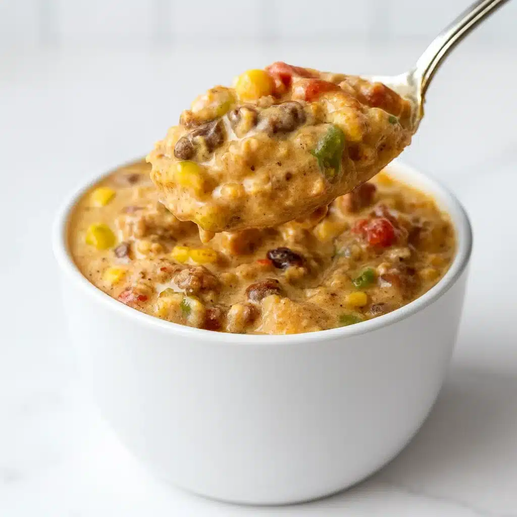 High Protein Creamy Taco Soup in rustic bowl with toppings