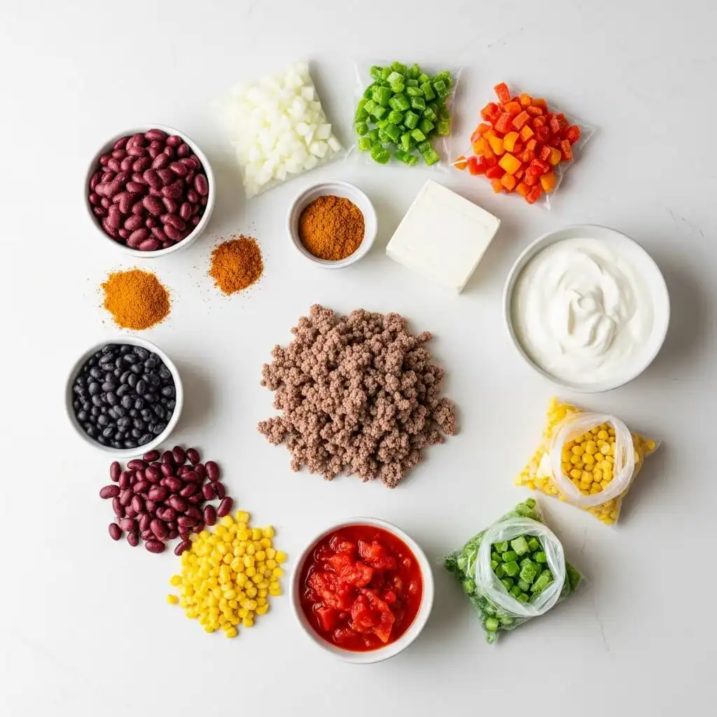 Ingredients for high protein creamy taco soup laid out on counter