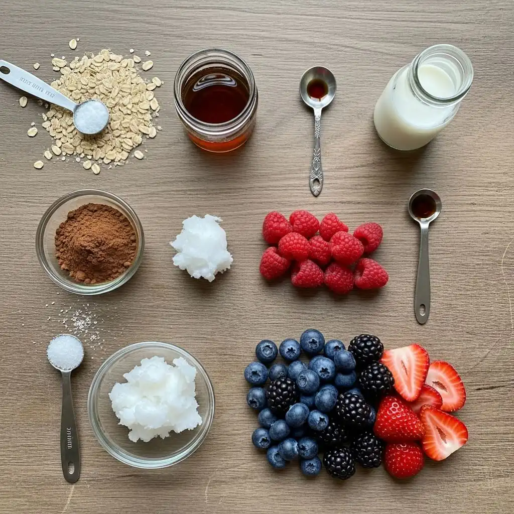 Ingredients for No Bake Chocolate Berry Tart (Oats, Cocoa Powder, Maple Syrup)