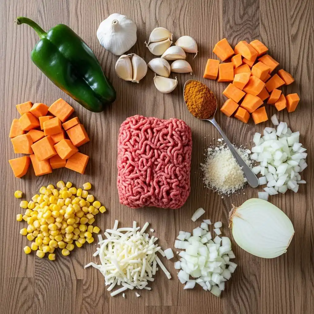 Ingredients for Cheesy Tex-Mex Ground Beef and Sweet Potato Skillet