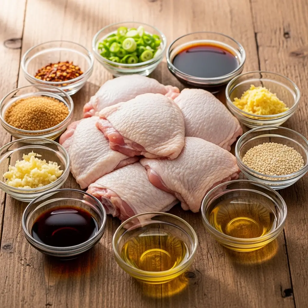 Ingredients for Korean Garlic Soy Chicken on a wooden table
