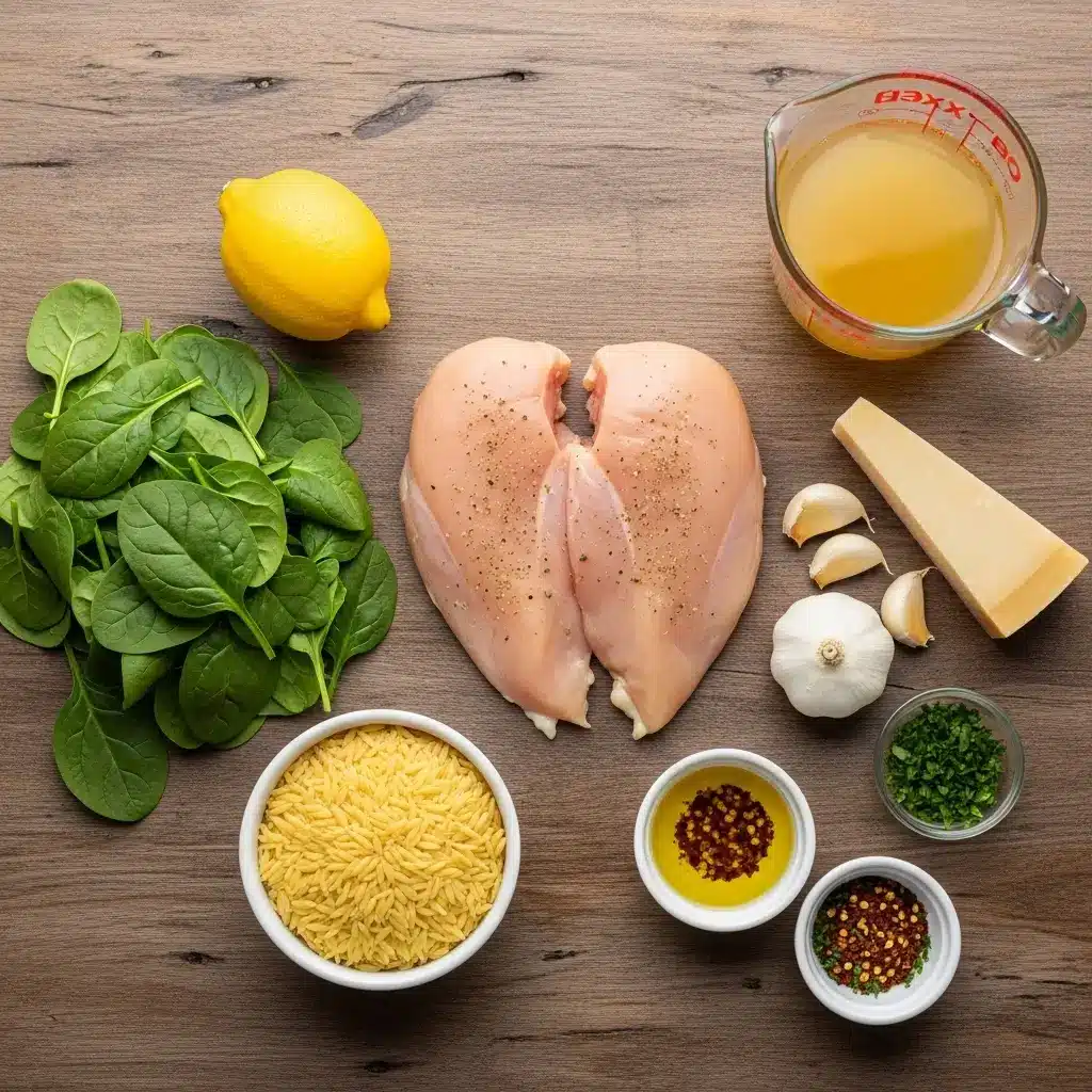 Ingredients for Lemon Garlic Chicken Orzo with Spinach