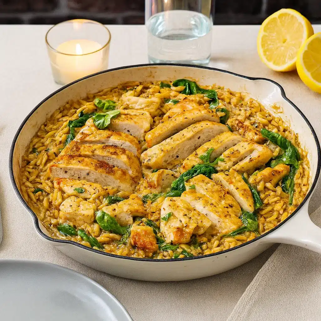 Lemon Garlic Chicken Orzo with Spinach in a skillet