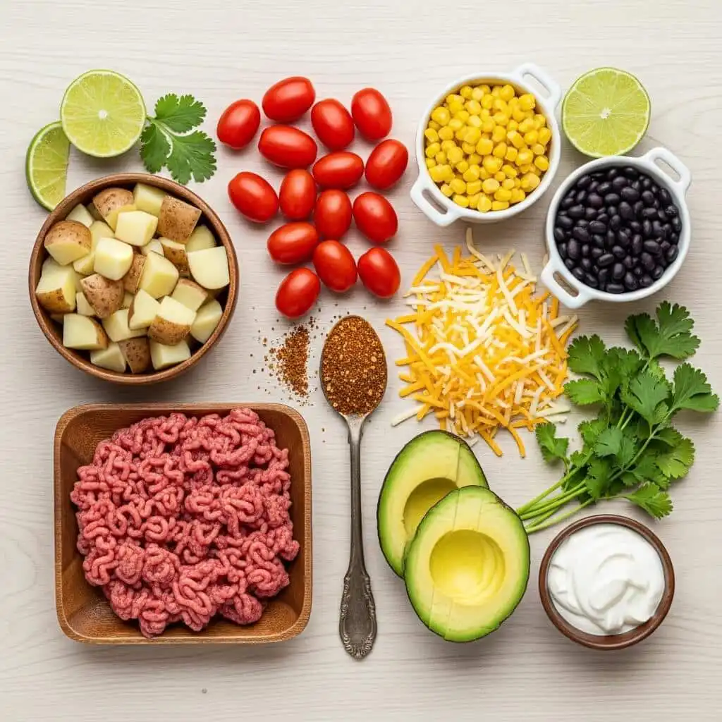 Loaded Potato Taco Bowl ingredients laid out