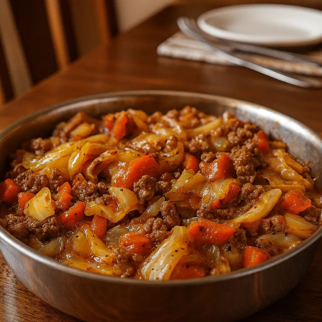 low-carb cabbage and beef stir fry in skillet