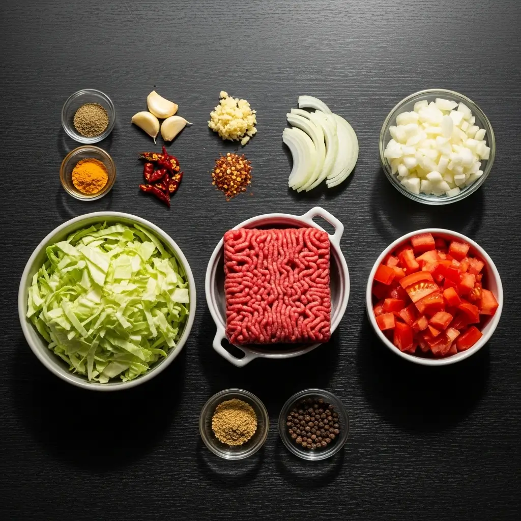 ingredients for low-carb cabbage and beef stir fry