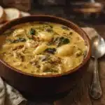 Marry Me Chicken Gnocchi Soup in a bowl with basil and parmesan