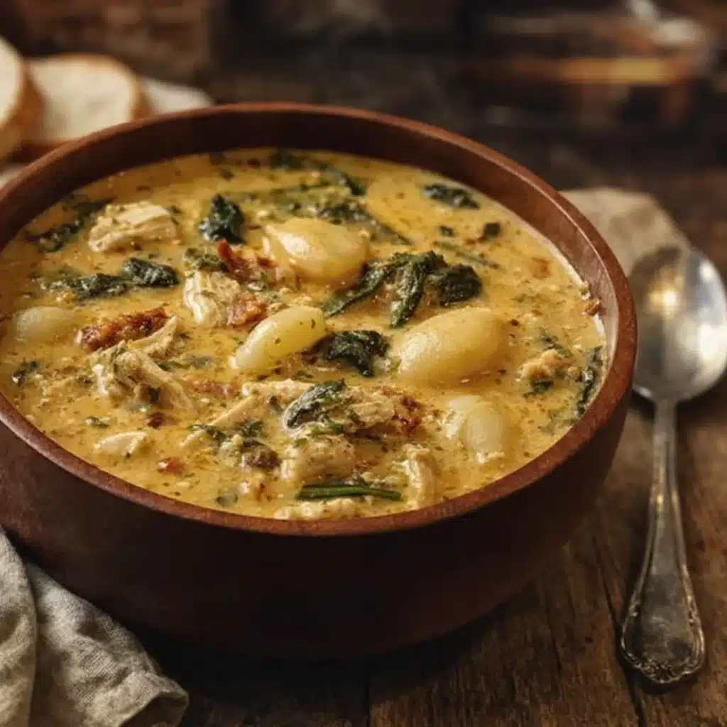 Marry Me Chicken Gnocchi Soup in a bowl with basil and parmesan