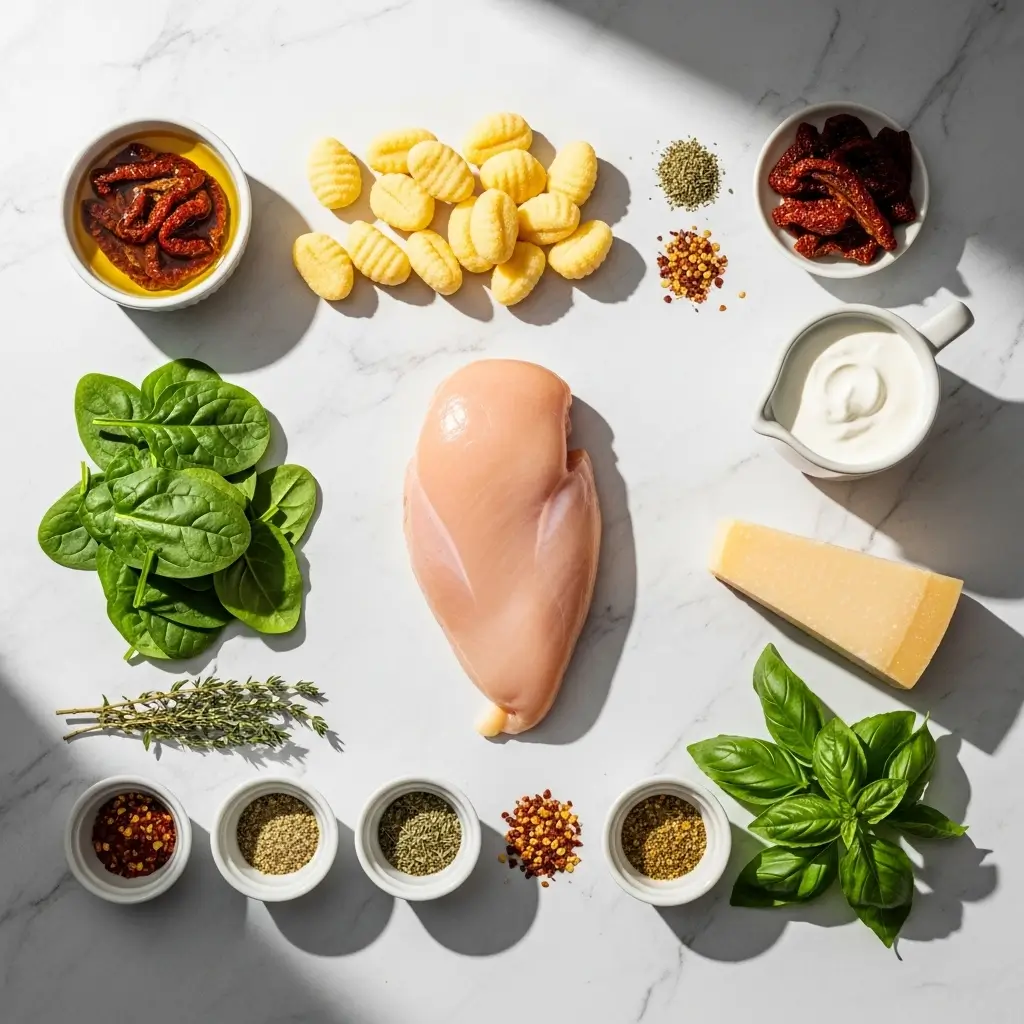 Ingredients for Marry Me Chicken Gnocchi Soup on counter