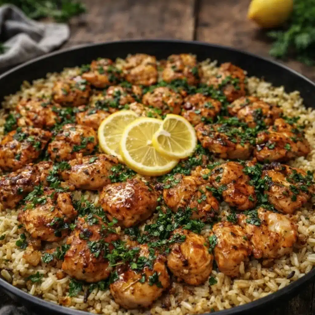 One-Pan Honey Butter Garlic Chicken &amp; Rice in a skillet