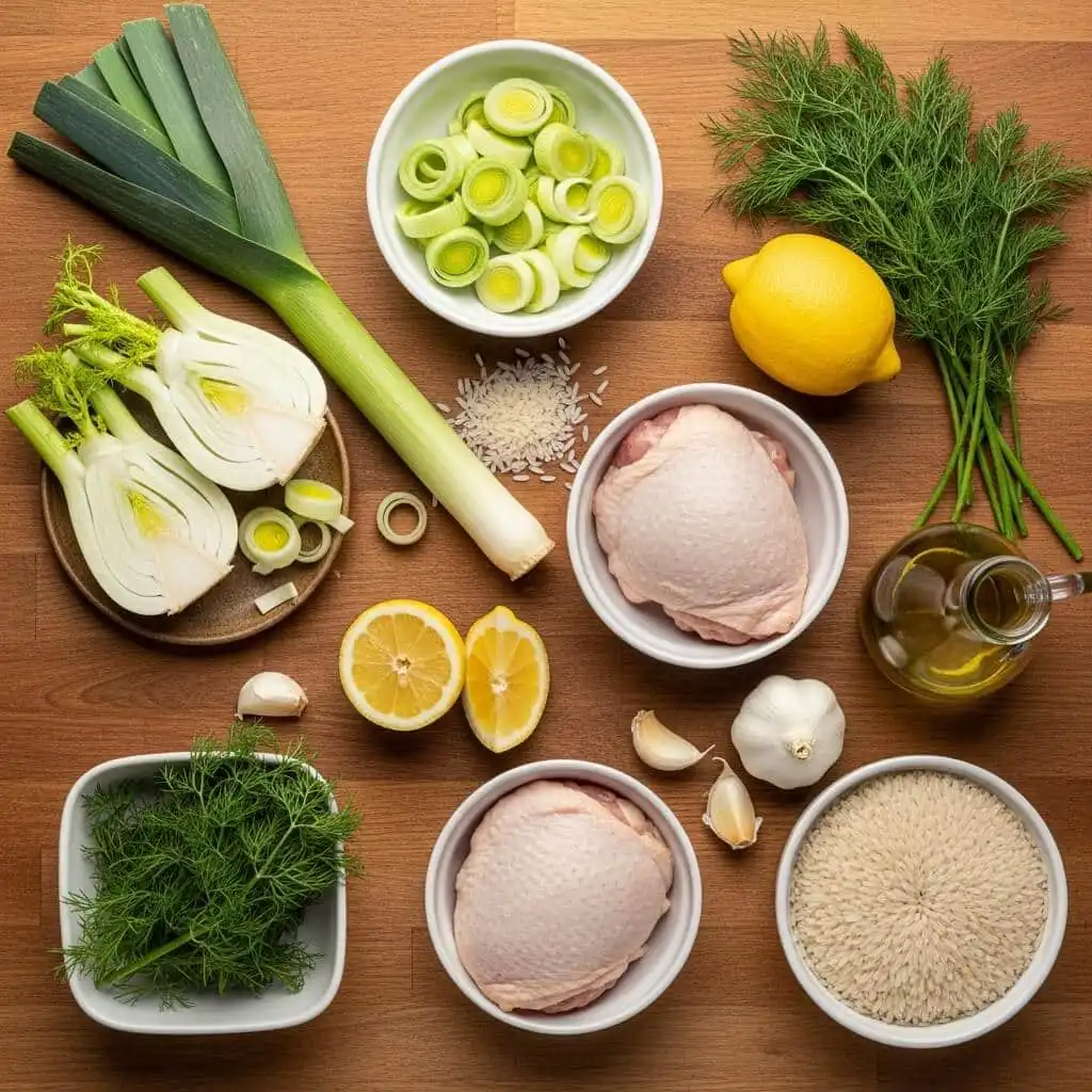 Ingredients for One Pot Lemon Dilly Chicken Rice Soup