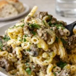 Philly Cheesesteak Pasta creamy comfort dish with steak and peppers