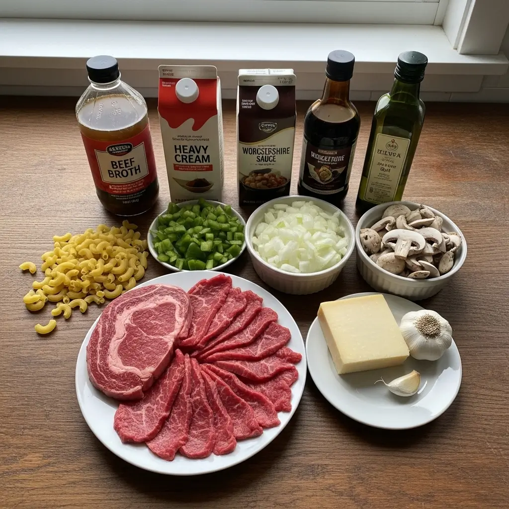 Philly Cheesesteak Pasta ingredients flat lay on kitchen counter