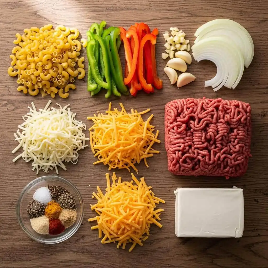 Ingredients for High-Protein Creamy Philly Cheesesteak Mac and Cheese