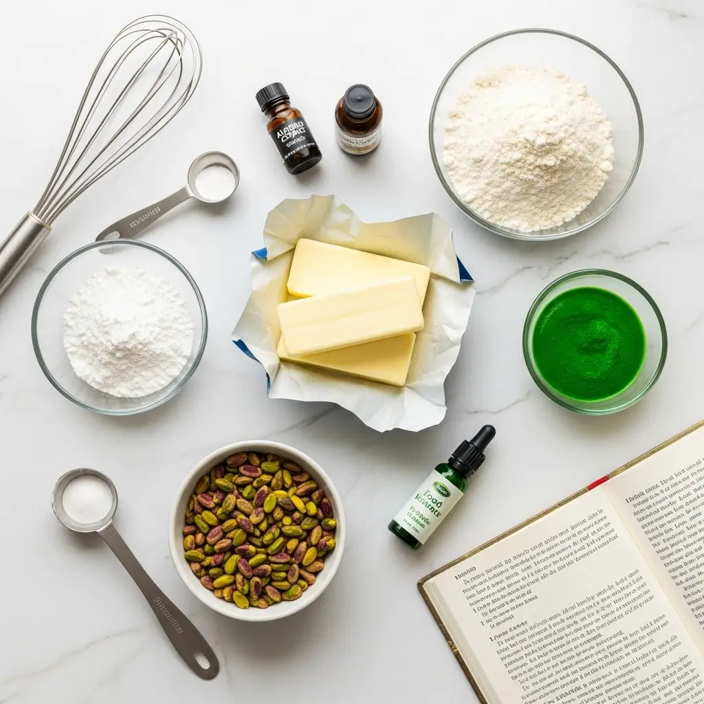 ingredients for pistachio pudding cookies arranged on a counter