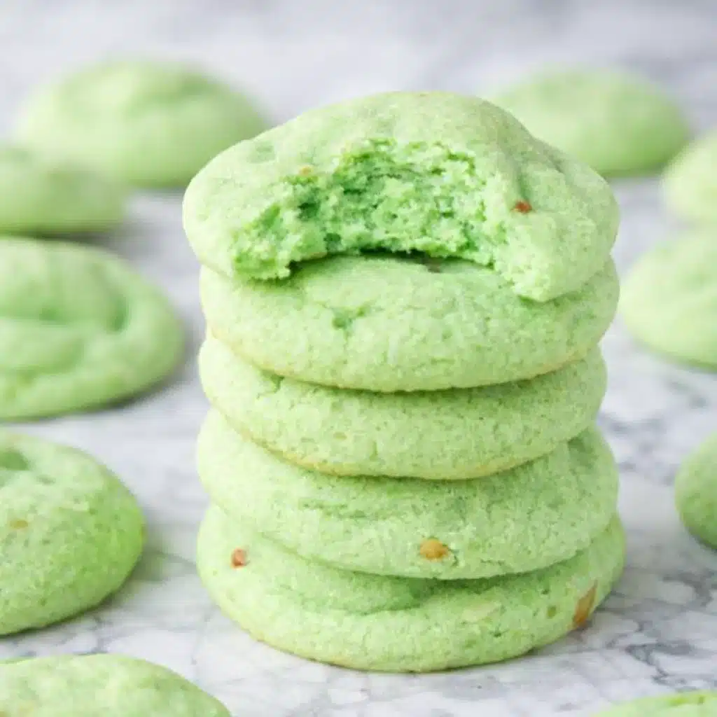 freshly baked pistachio pudding cookies on a baking tray