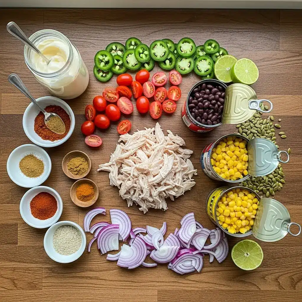 Ingredients for Quick Southwest Chicken Salad arranged on a table