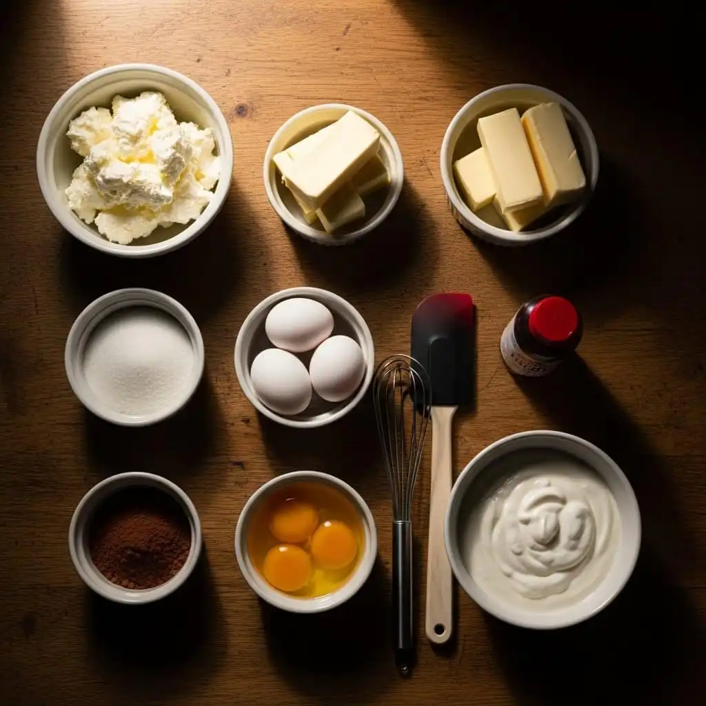Ingredients for heart-shaped red velvet cheesecake